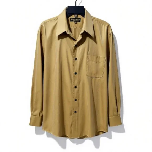 Mens Dress Shirt Roberto Villini Casual Sporty Cotton LS Herringbone Ochre 16.5 - Picture 4 of 5